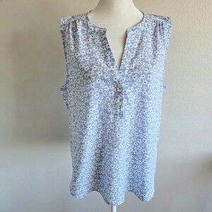 J. Crew Blouse Popover Top Blue White Floral Button Sleeveless Soft Silky Size M